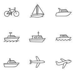 Simple line art illustrations depicting various modes of transportation and travel