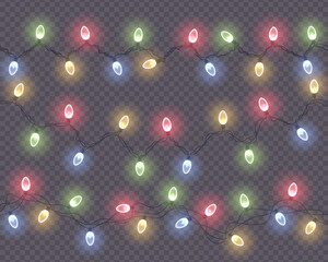 PNG christmas light garland string bulb glowing festive decoration card banner holiday party star lamp neon led red green blue yellow happy painting transparency background seasonal element collection