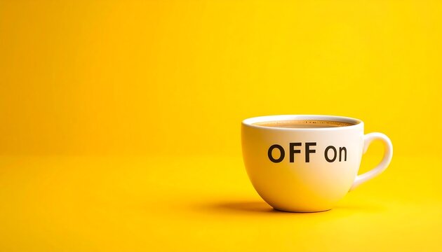 A white coffee cup with the words "OFF" and "ON" on it, placed on a solid yellow background