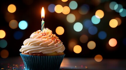 Festive birthday cupcake with lit candle and colorful frosting against warm bokeh lights background, celebration concept




