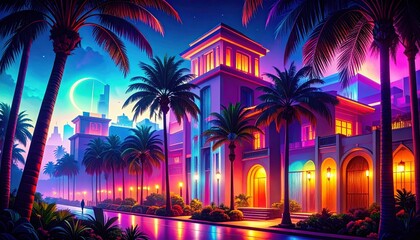 Obraz premium Vibrant neon-lit cityscape featuring palm trees, buildings, and a colorful sky reflecting on wet streets.
