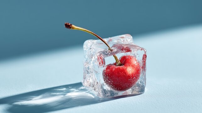 Cerise rouge fraiche figee dans un glacon cristallin sur fond bleu