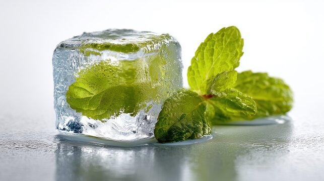 Feuille de menthe fraiche figee dans un glacon cristallin en macro