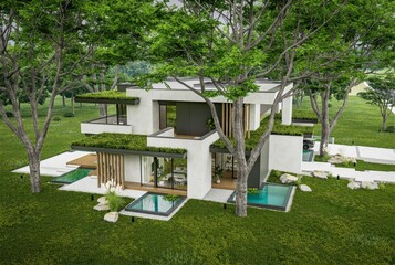 3d rendering of two-story house with parking and pool for sale or rent with concrete facade and beautiful landscaping. Cloudy white sky overcast, soft shadows