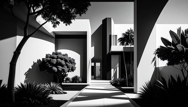 Sun-drenched pathway winds through a minimalist, modern courtyard, shaded by trees and architectural forms.