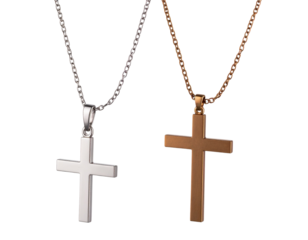 A - Christian Cross Necklace Hanging with Chain, Angled Perspective, Silver and Bronze Pair, Isolated PNG