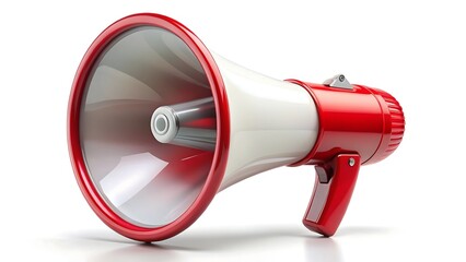 Red 3D rendered megaphone on a white background, perfect for announcing news or conveying a loud, clear message