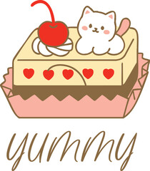 Cute cat cake illustration with cherry – kawaii dessert vector