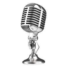 Fototapeta premium Shiny silver vintage microphone isolated on transparent background for podcast recording and music