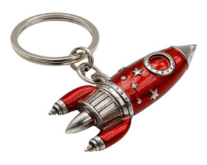 Red rocket keychain metal star detail isolated shiny novelty playful space theme accessory gift fun whimsical collectible small silver accent modern cute decorative unique imaginative trendy