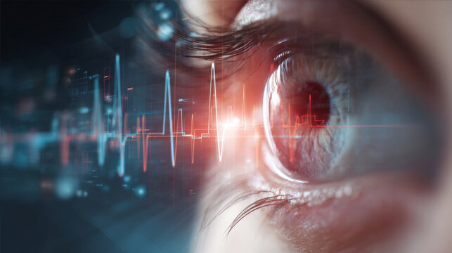 Illustrated human eye with dynamic data graphs and health metrics visualizations, symbolizing the interconnection between ocular health and physical wellness. Creative advertising concept 
