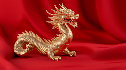 Fototapeta premium Golden serpentine sculpture: Mythic eastern dragon, a symbol of power, prosperity and wisdom, on a red silken backdrop.