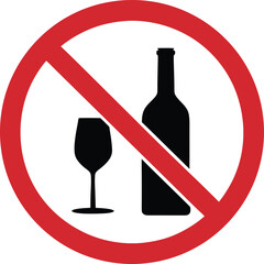 Red prohibition circle with black silhouette of wine glass and bottle no alcohol forbidden