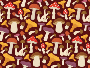 Autumn seamless background with forest mushrooms. Pattern with cute fungus on a dark backdrop