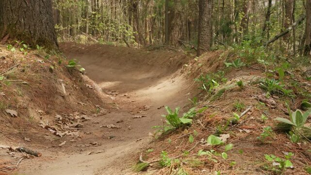 Male mountain biker riding through a forest trail, leaning into a dirt berm turn