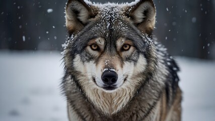 Primer plano de lobo en la nieve con mirada intensa