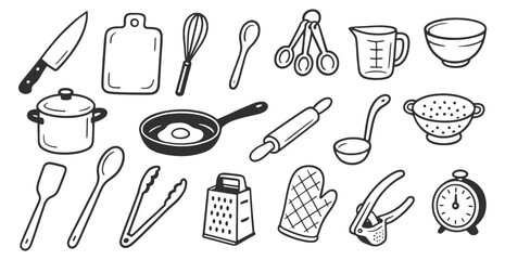Kitchen utensils doodle icon set. Cute hand drawn sketch illustrations of knife, pan, strainer, spatula, whisk, board, ladle, bowl. Black and white art for cooking tools.