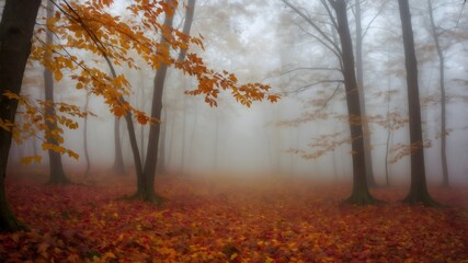 Fototapeta premium Bosque otoñal con niebla y suelo cubierto de hojas