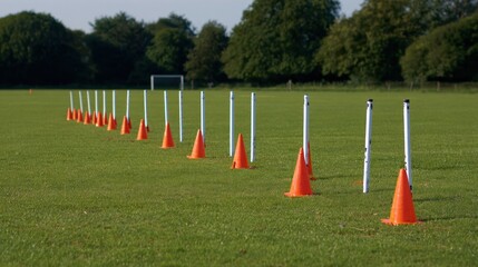 Orange cones and poles on a grassy field