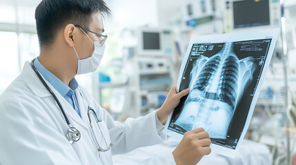 Medical professional in a sterile hospital environment intently examining a detailed chest x-ray, prioritizing patient health with diagnostic expertise.
