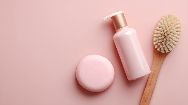 A serene flat lay showcases pastel pink self-care items, including a soap, lotion bottle, and wooden brush, evoking feelings of tranquility and gentle wellness routines.