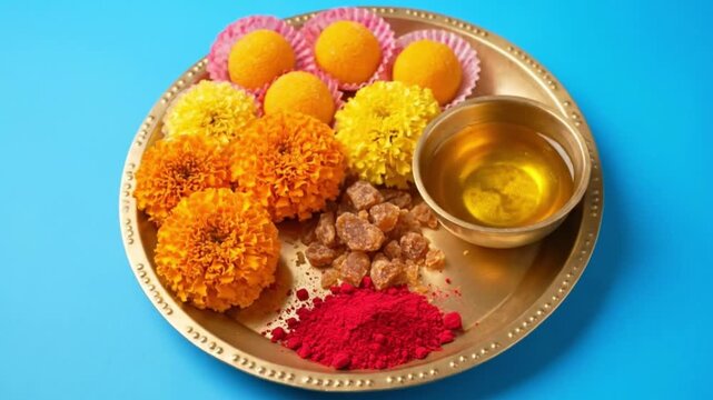 Golden platter sweets in pink cups yellow  orange flowers rock candy red powder  a small golden bowl filled with amber liquid