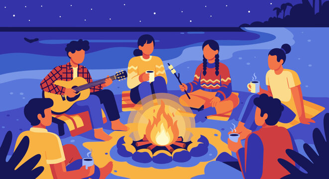 A diverse group of friends enjoys a cozy campfire gathering on a serene beach under the starry night sky, sharing stories and music.