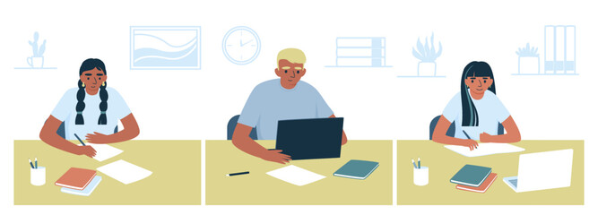 Schoolchildren doing their homework. There are a laptop, notebook and books on the table. Concept of studying at home in isolation or doing homework. Flat vector illustration.