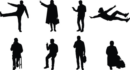 Pose gestures cad drawing flat vector illustration, eight black silhouettes showing sittingPose gestures cad drawing flat vector illustration, eight black silhouettes showing sitting
