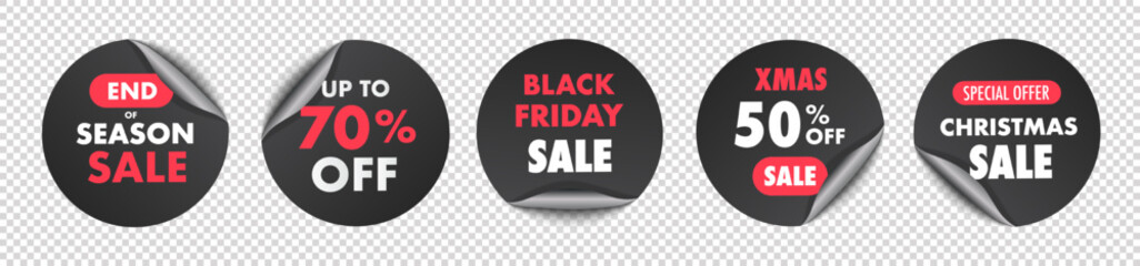 Christmas sale sticker set realistic 3d style for party poster, black friday sale banner advertising, discounts symbol, promotion, billboard, social media. 10 eps