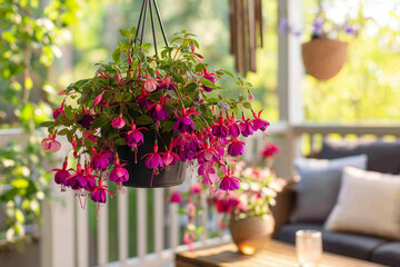 A hanging basket of beautiful flowers with green leaves and purple petals