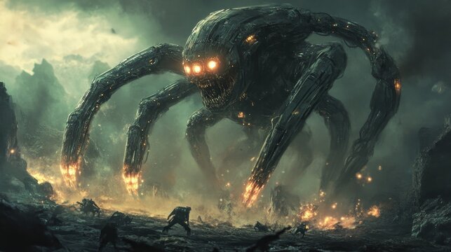 Huge mechanical monster attacks in a war torn landscape