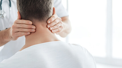Doctor examining patient's neck. The physician's hands carefully palpate the patient's neck muscles in a bright, clinical setting. Care, health, wellness.