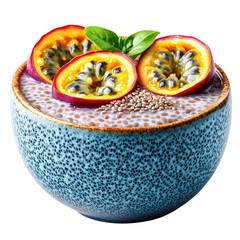 Delicious chia seed pudding with passion fruit and basil in a decorative ceramic bowl transparent