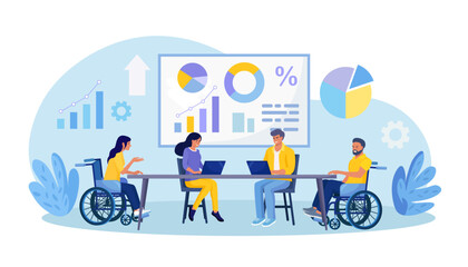 Team engagement and effective teamwork ability. People with disabilities at work meeting. Empowerment and collaboration in team presentation. Diverse colleagues discussing new project