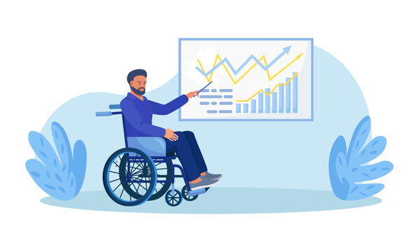 Man in wheelchair giving presentation and analysis data with graph chart on screen. Social adaptation of people with disabilities. Inclusive workplace. Disabled person showing with pointer to diagram