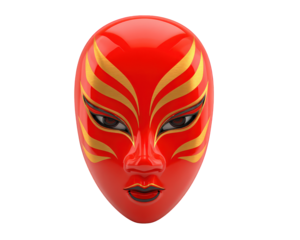 Red mask with golden eyebrows sharp lines dramatic expression glossy finish stylized face theatrical isolated on transparency background modern art bold color mysterious mood