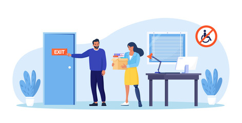 Discrimination against disabled people. Woman with prosthesis is fired, employer points at door. Sad jobless person, career failure. Unemployed have problems in job seeking. Inclusion