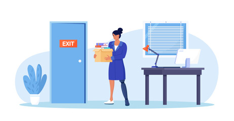 Ableism concept. Discrimination and social prejudice against people with disabilities. Dismissal woman with prosthesis. Sad jobless person, career failure. Diversity and inclusion