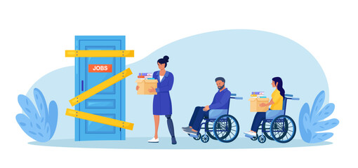 Discrimination, prejudice against people with disabilities. Unequal rights, difficult to integrate into team. Characters in wheelchair, with prosthesis trying find job employers rejected of workers