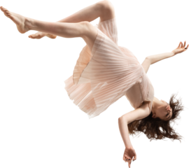 Woman upside down in midair with flowing hair and closed eyes isolated on transparent background. Concept of surreal dream, freedom, emotion, creativity, movement, advertising layout.