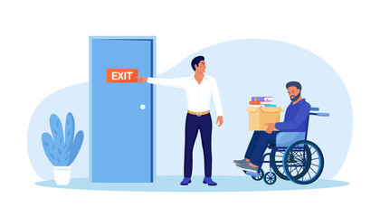 Discrimination against disabled people. Man in wheelchair is fired, employer points at door. Sad jobless person, career failure. Unemployed have problems in job seeking. Inclusion