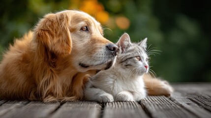 Golden Retriever and kitten share a quiet moment, their soft fur shining in the warm sun. Harmony between unlikely friends