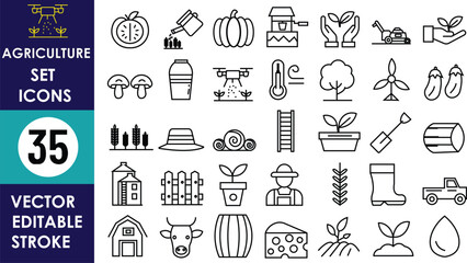 Naklejka premium 35 editable vector icons representing agriculture, farming tools,plants, crops, greenhouse, irrigation, vegetables, weather, livestock, harvesting, barns, seeds, soil