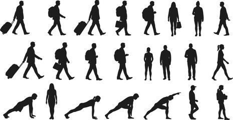 Pose variety cad drawing flat vector illustration, twenty-three black silhouettes walkingPose variety cad drawing flat vector illustration, twenty-three black silhouettes walking