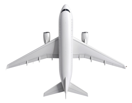 A - Minimalist White Airplane Silhouette from Above, Isolated on Transparent Background”