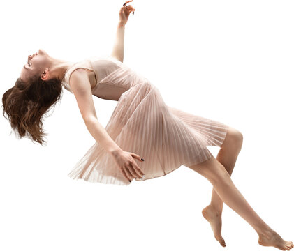 Woman arching back in midair with open arms and calm face isolated on transparent background. Concept of release, joy, motion, levitation, dance, inspiration, compositing layout.