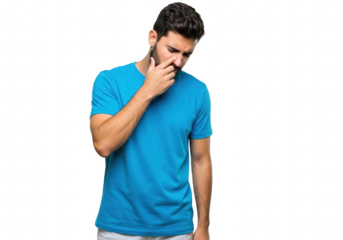 A man in a blue shirt is isolated on transparent background and appears to be thinking or worried with his finger on his face