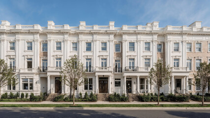 Fototapeta premium Elegant white row houses with classical architectural details and trees under a clear blue sky representing luxury real estate