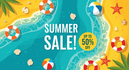 Vibrant summer sale banner with "Up to 50% Off" text, featuring a sandy beach, turquoise ocean waves, starfish, seashells, and inflatable beach balls.